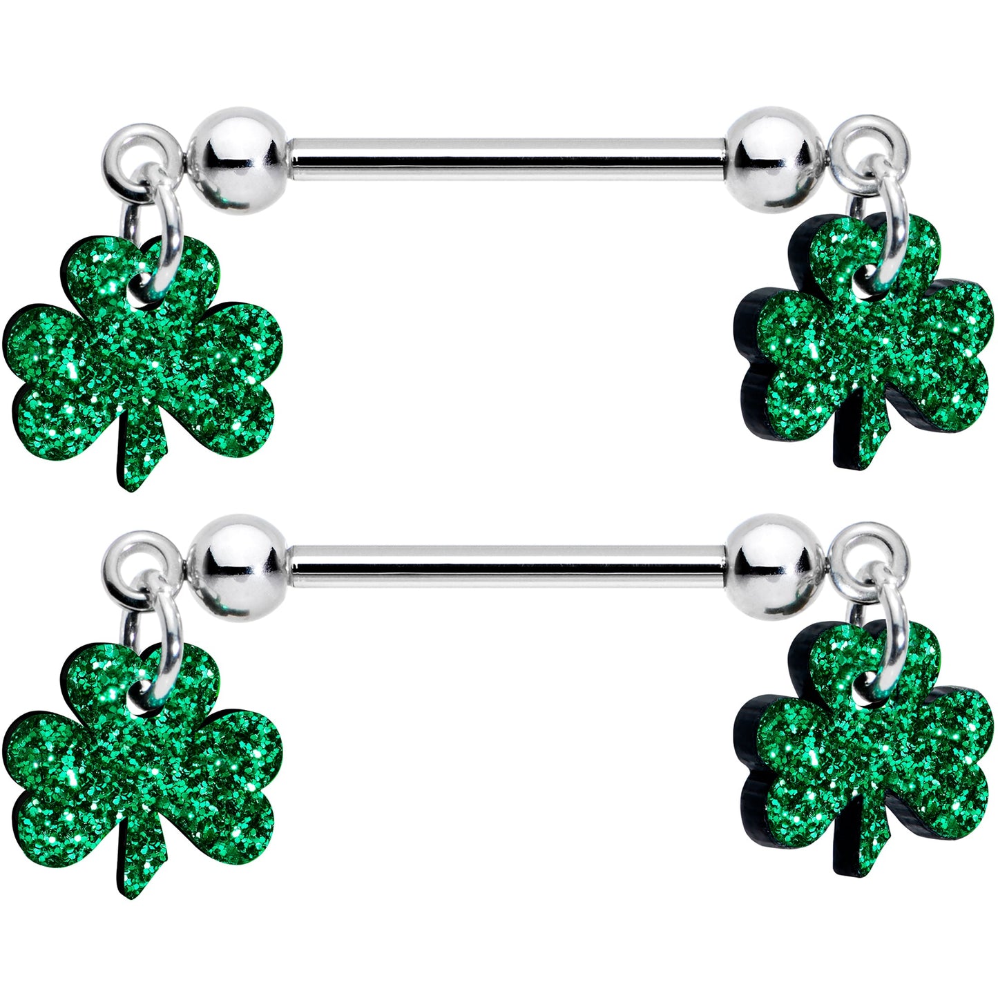 14G 5/8 Green Glitter St Patricks Day Shamrock Nipple Ring Set