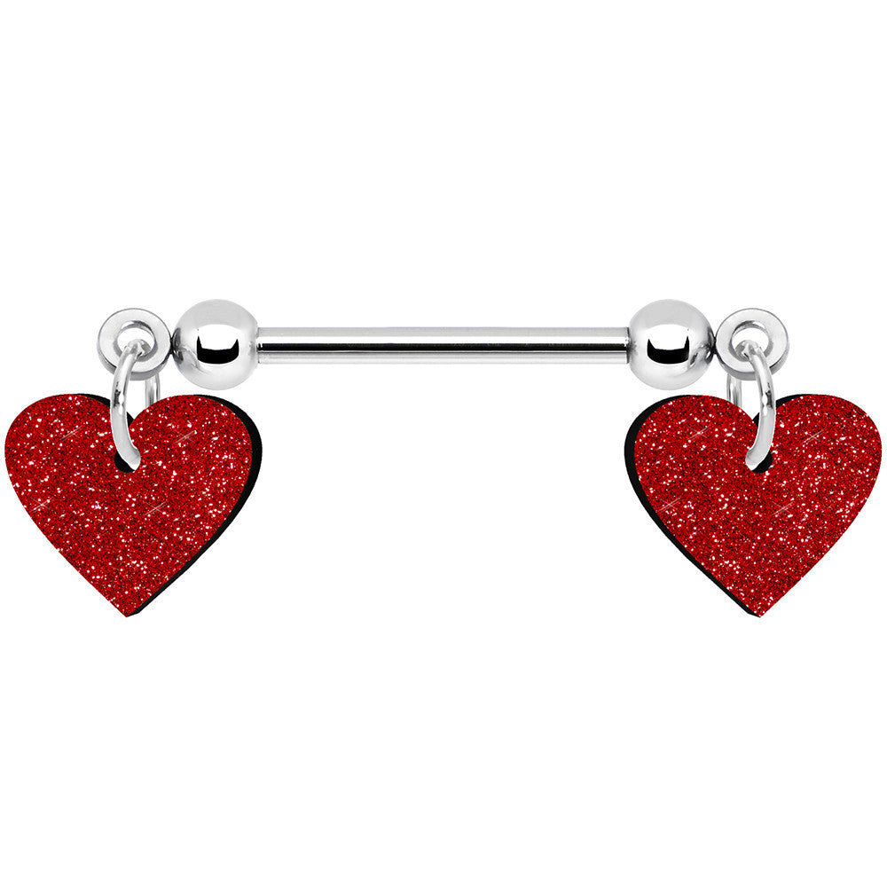 14G 5/8 Red Glitter Valentines Day Heart Nipple Ring Set
