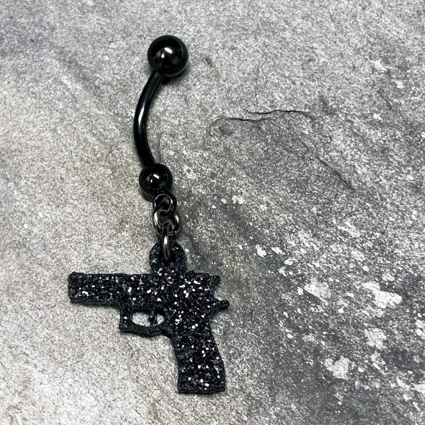 Jet Black Glitter Gun Dangle Belly Ring