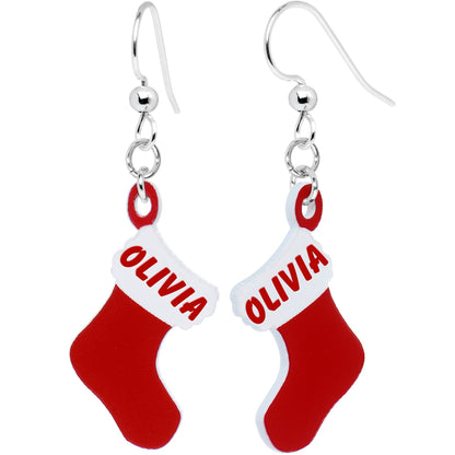 Custom Holiday Christmas Stocking Personalized Name Fishhook Earrings