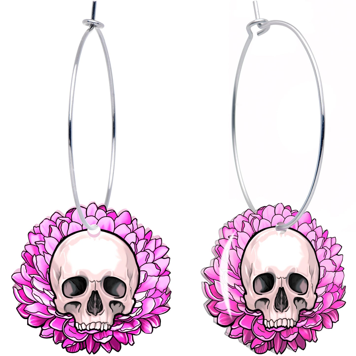 Blooming Pink Flower Skull Hoop Earrings by Onyx O