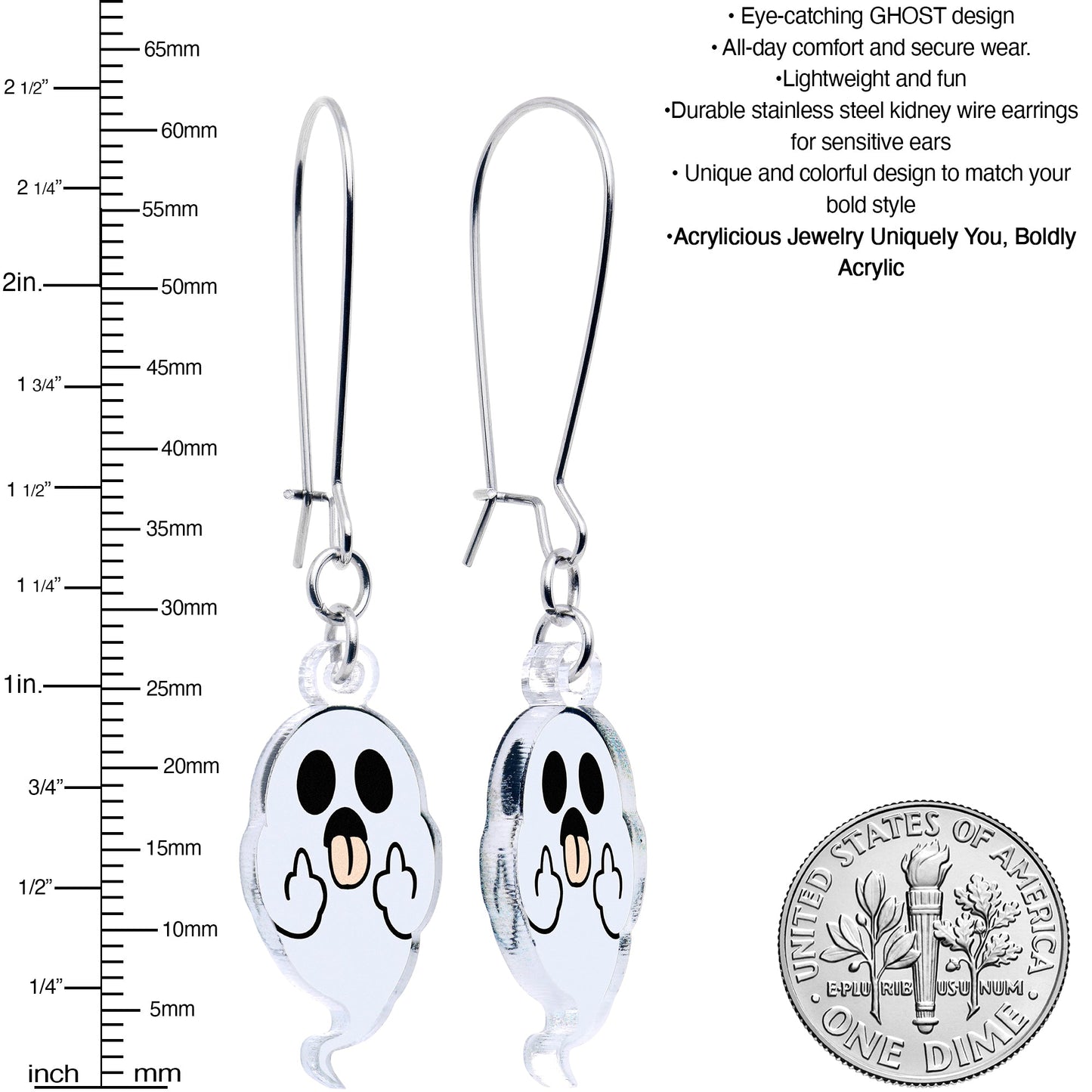 Acrylicious Sassy Spirit Middle Finger Ghost Dangle Earrings by Onyx O