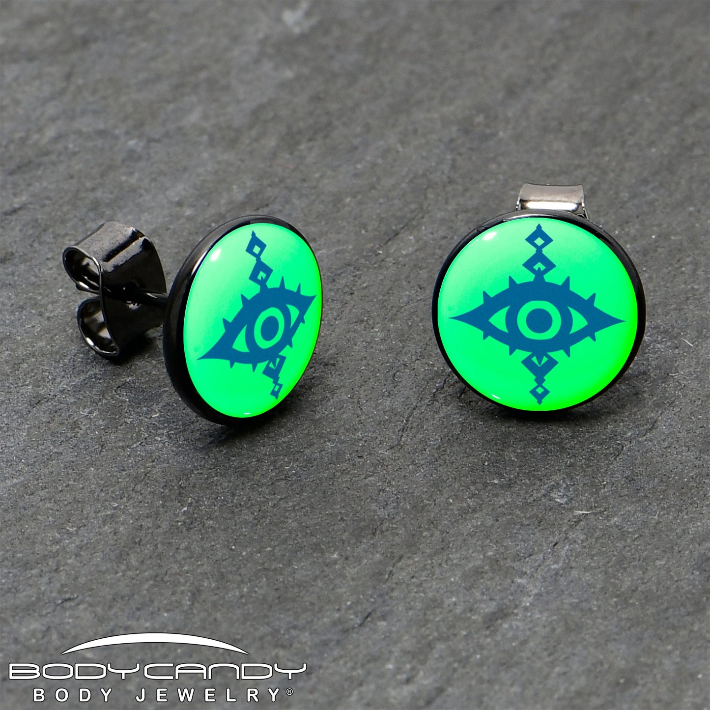 Black Anodized Evil Eye Glow in the Dark Stud Earrings by Onyx O