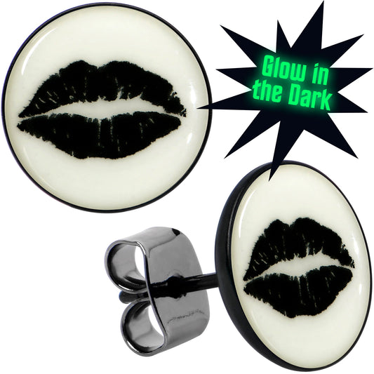 Black Anodized Steel Lipstick Kiss Mark Glow in the Dark Stud Earrings by Onyx O