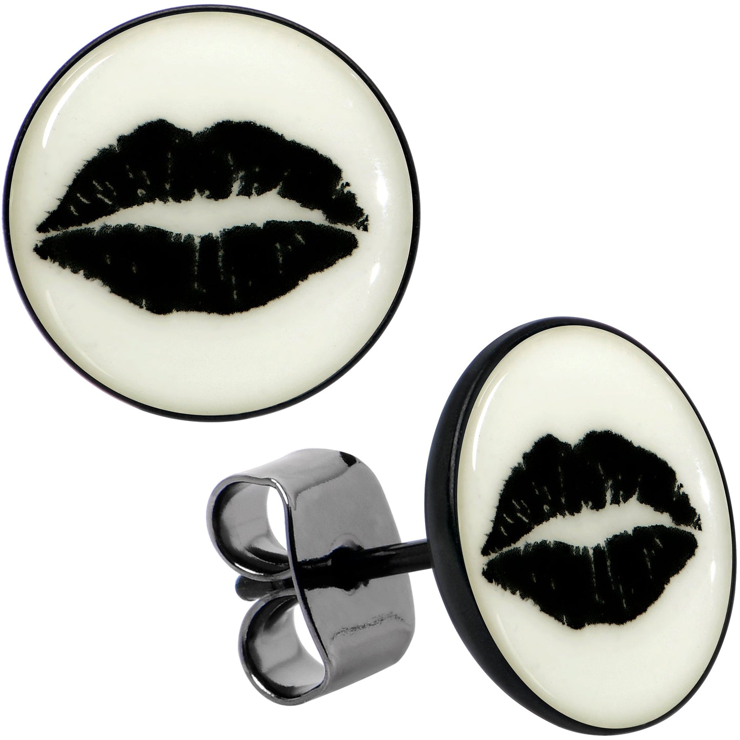 Black Anodized Steel Lipstick Kiss Mark Glow in the Dark Stud Earrings by Onyx O
