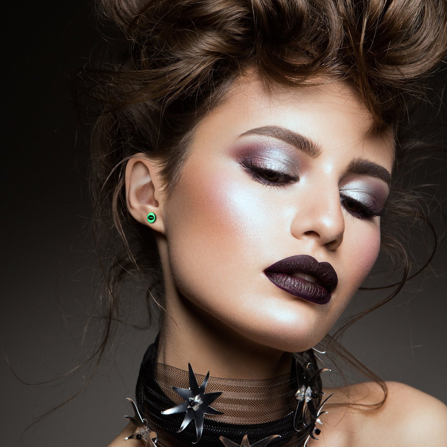 Black Anodized Steel Lipstick Kiss Mark Glow in the Dark Stud Earrings by Onyx O