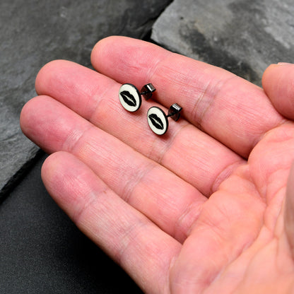 Black Anodized Steel Lipstick Kiss Mark Glow in the Dark Stud Earrings by Onyx O