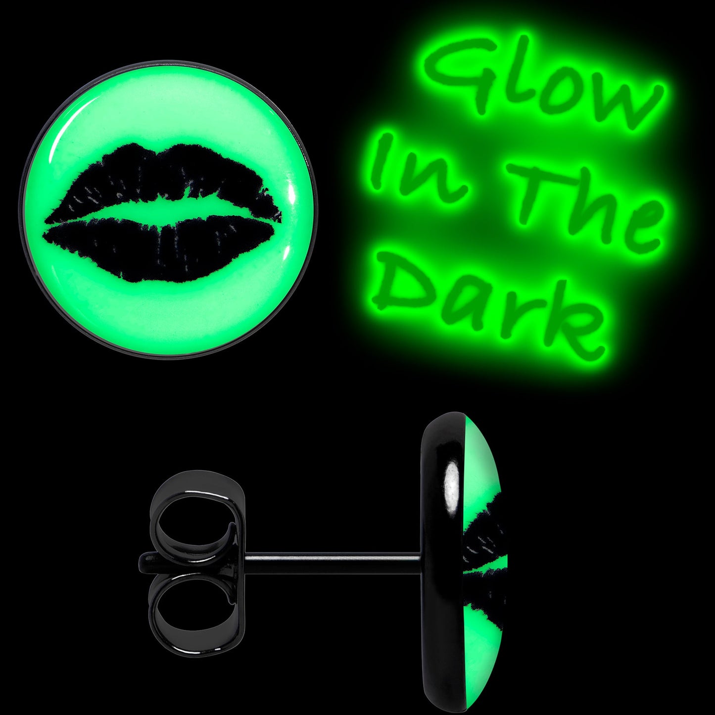 Black Anodized Steel Lipstick Kiss Mark Glow in the Dark Stud Earrings by Onyx O