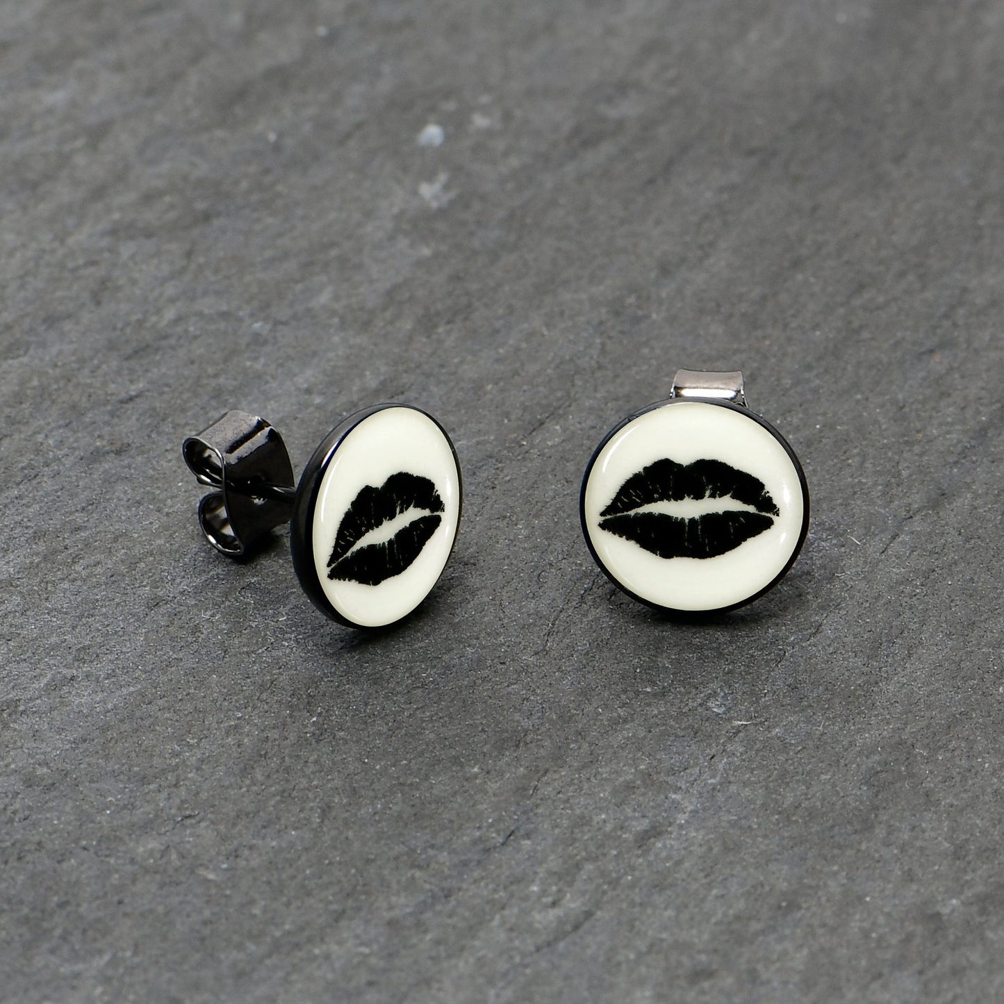 Black Anodized Steel Lipstick Kiss Mark Glow in the Dark Stud Earrings by Onyx O
