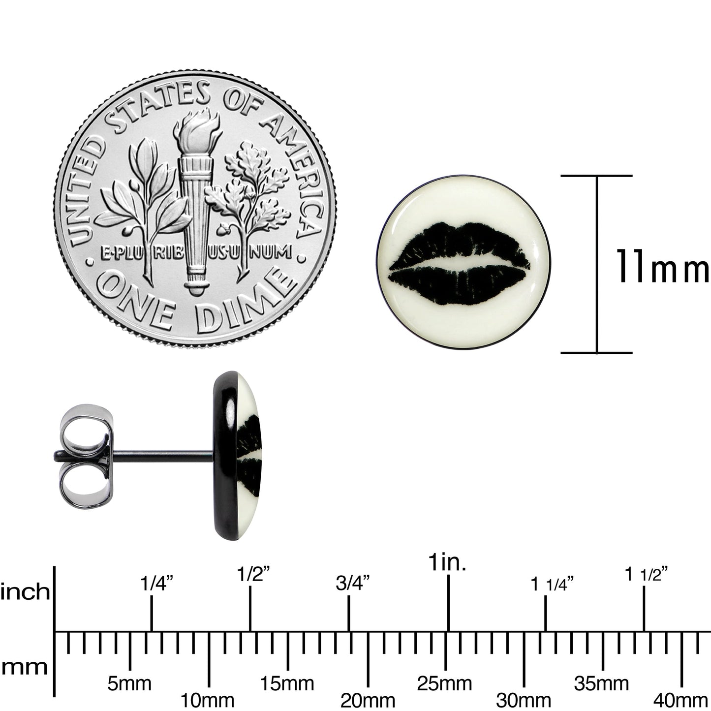 Black Anodized Steel Lipstick Kiss Mark Glow in the Dark Stud Earrings by Onyx O