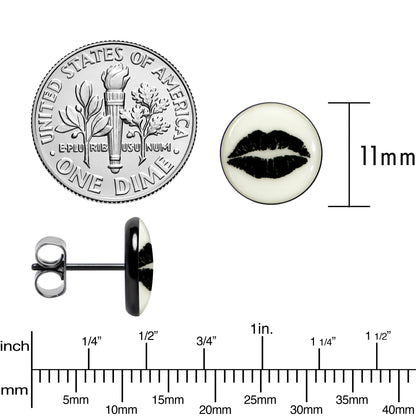 Black Anodized Steel Lipstick Kiss Mark Glow in the Dark Stud Earrings by Onyx O