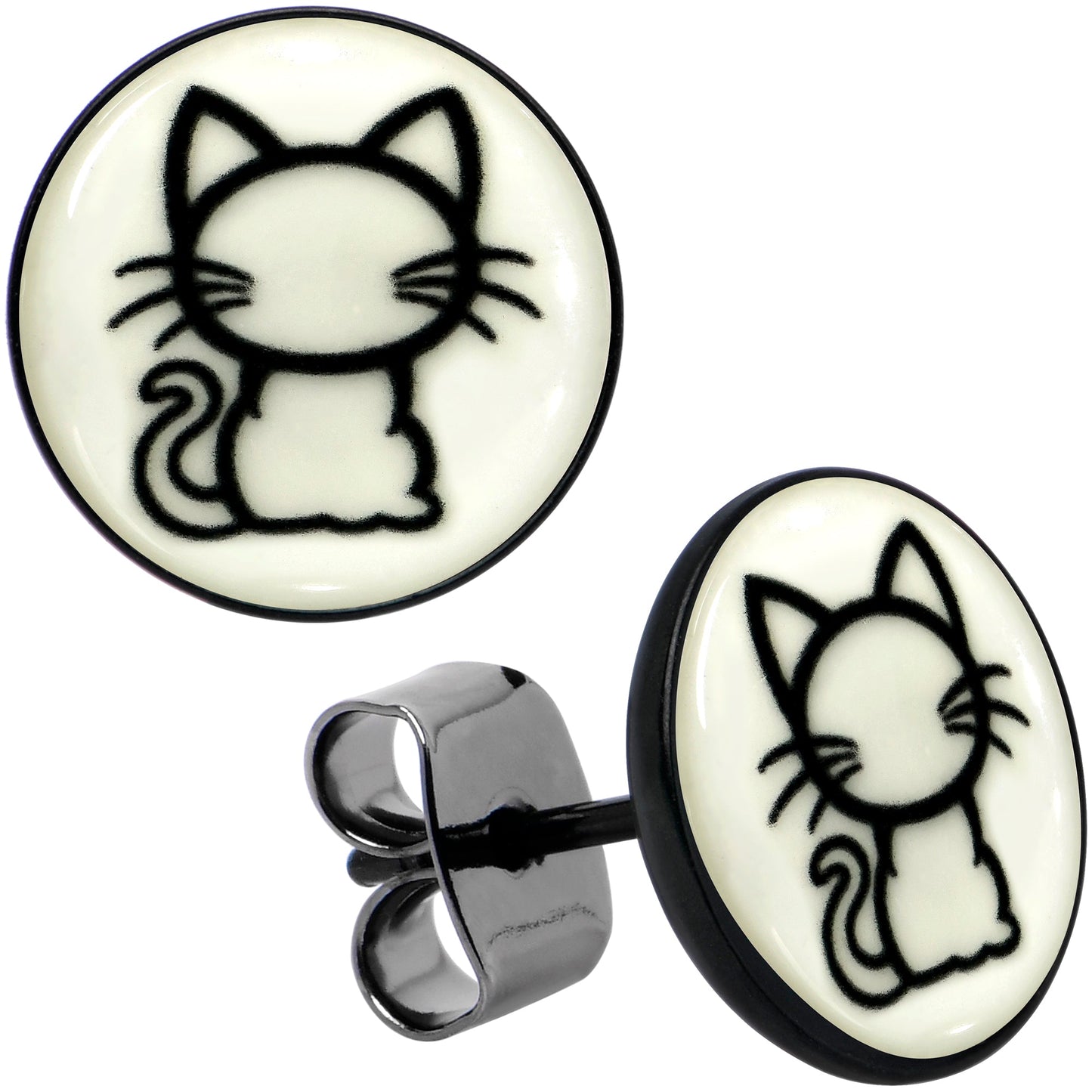 Black Anodized Kitty Cat Glow in the Dark Stud Earrings by Onyx O