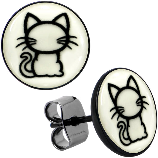 Black Anodized Kitty Cat Glow in the Dark Stud Earrings by Onyx O