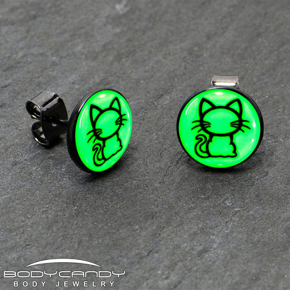 Black Anodized Kitty Cat Glow in the Dark Stud Earrings by Onyx O