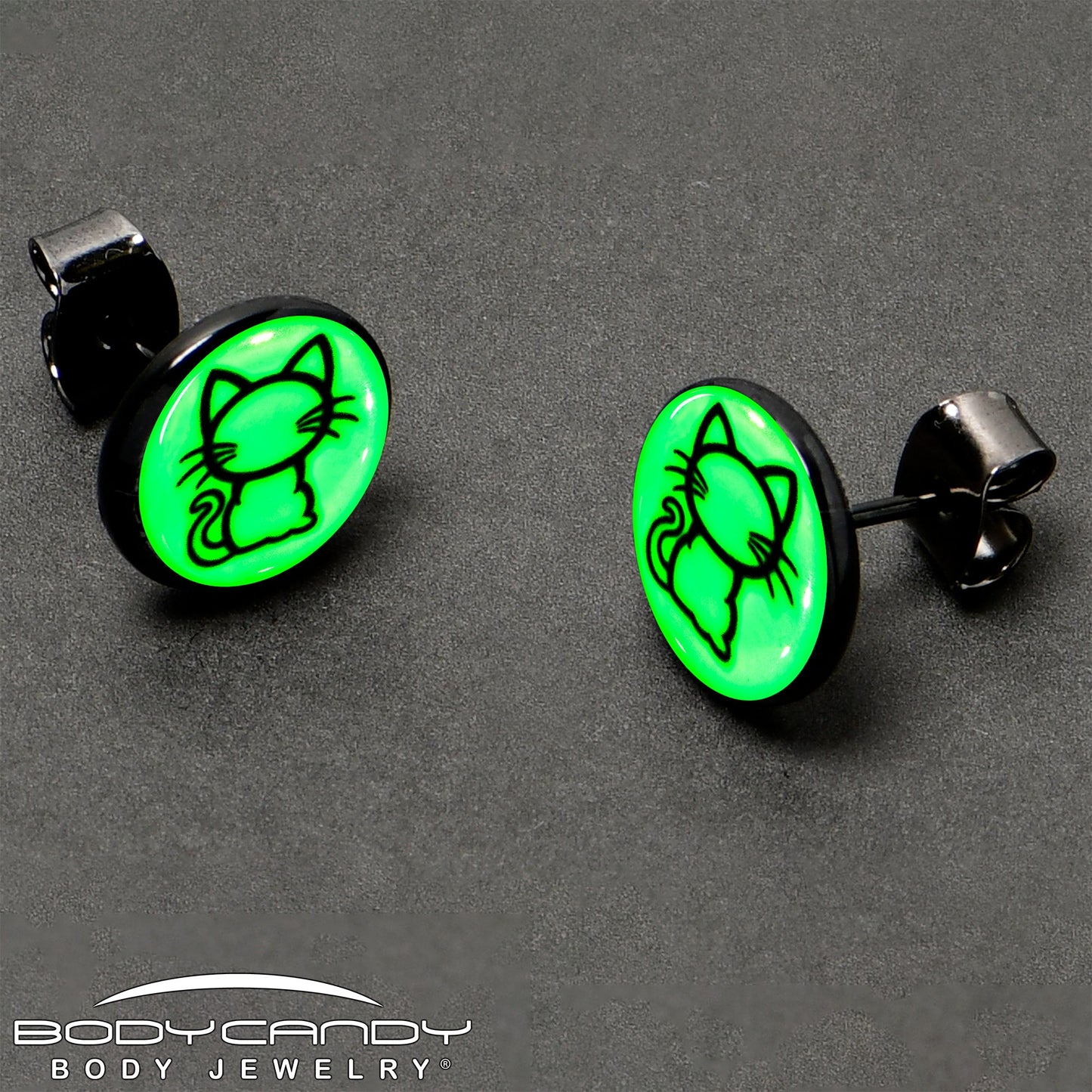 Black Anodized Kitty Cat Glow in the Dark Stud Earrings by Onyx O