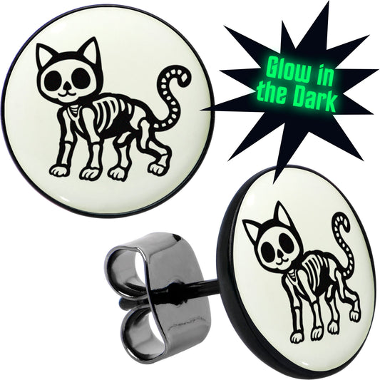 Black Anodized Skeleton Kitty Cat Glow in the Dark Stud Earrings by Onyx O