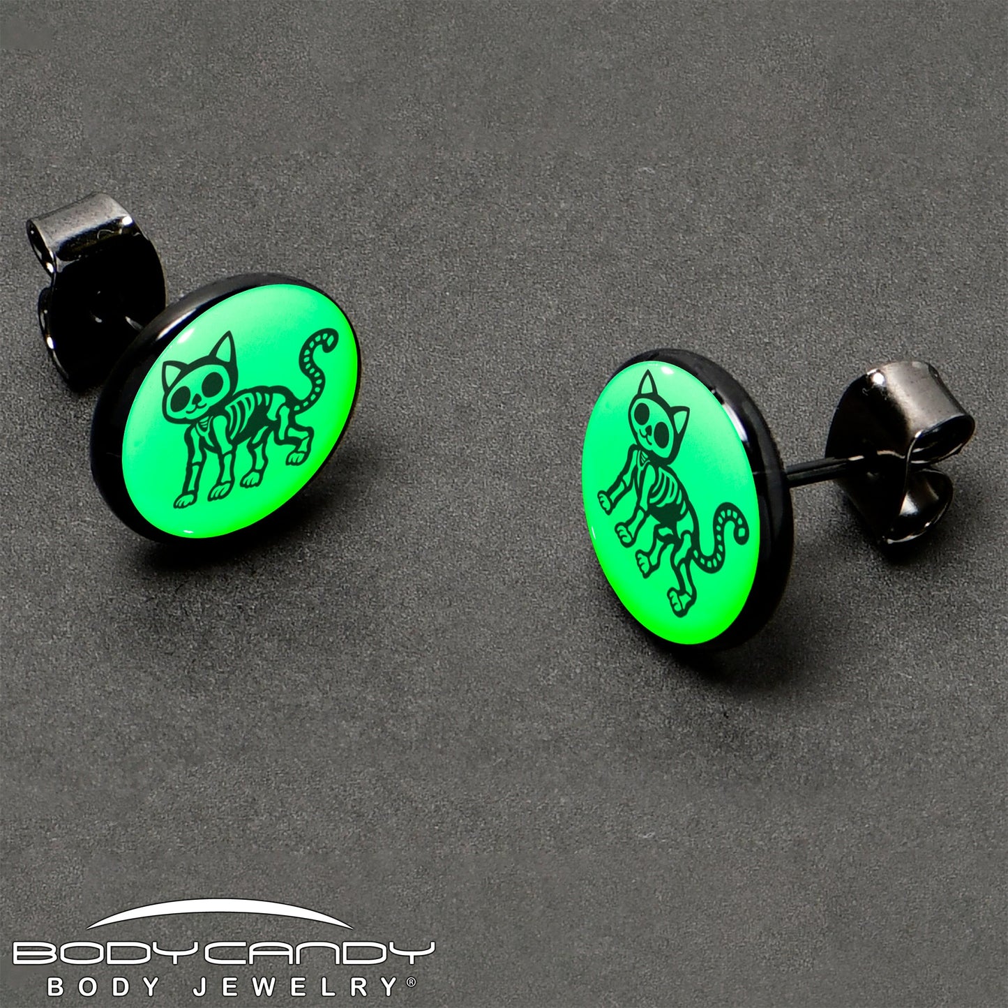 Black Anodized Skeleton Kitty Cat Glow in the Dark Stud Earrings by Onyx O
