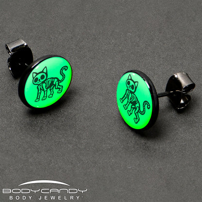 Black Anodized Skeleton Kitty Cat Glow in the Dark Stud Earrings by Onyx O