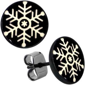Black Anodized Glow in the Dark Holiday Snowflake Stud Earrings by Onyx O