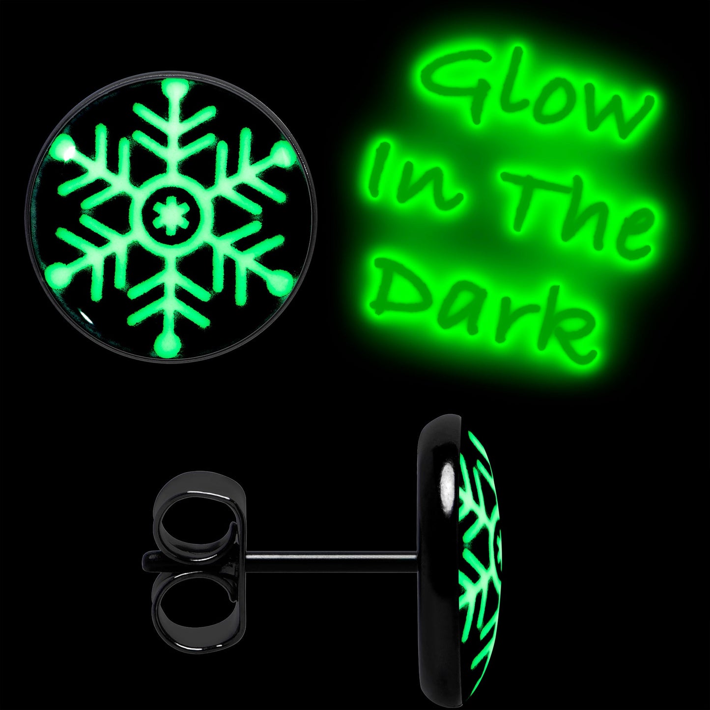 Black Anodized Glow in the Dark Holiday Snowflake Stud Earrings by Onyx O