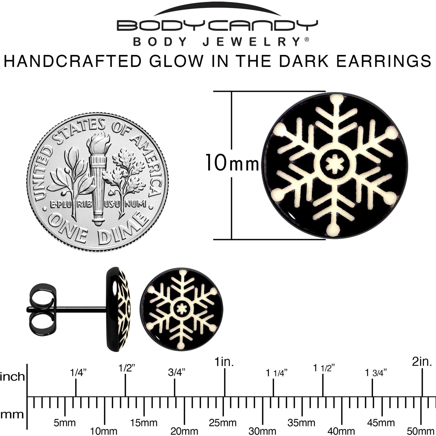 Black Anodized Glow in the Dark Holiday Snowflake Stud Earrings by Onyx O