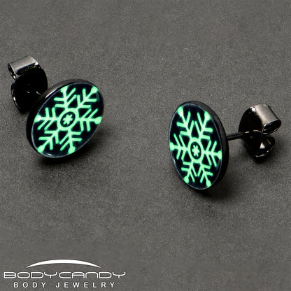 Black Anodized Glow in the Dark Holiday Snowflake Stud Earrings by Onyx O