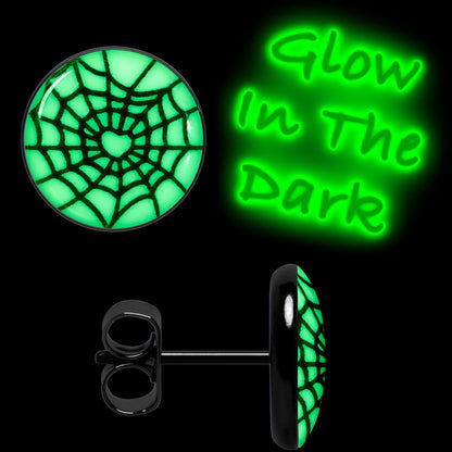 Black Anodized Steel Heart Spider Web Glow in the Dark Stud Earrings by Onyx O