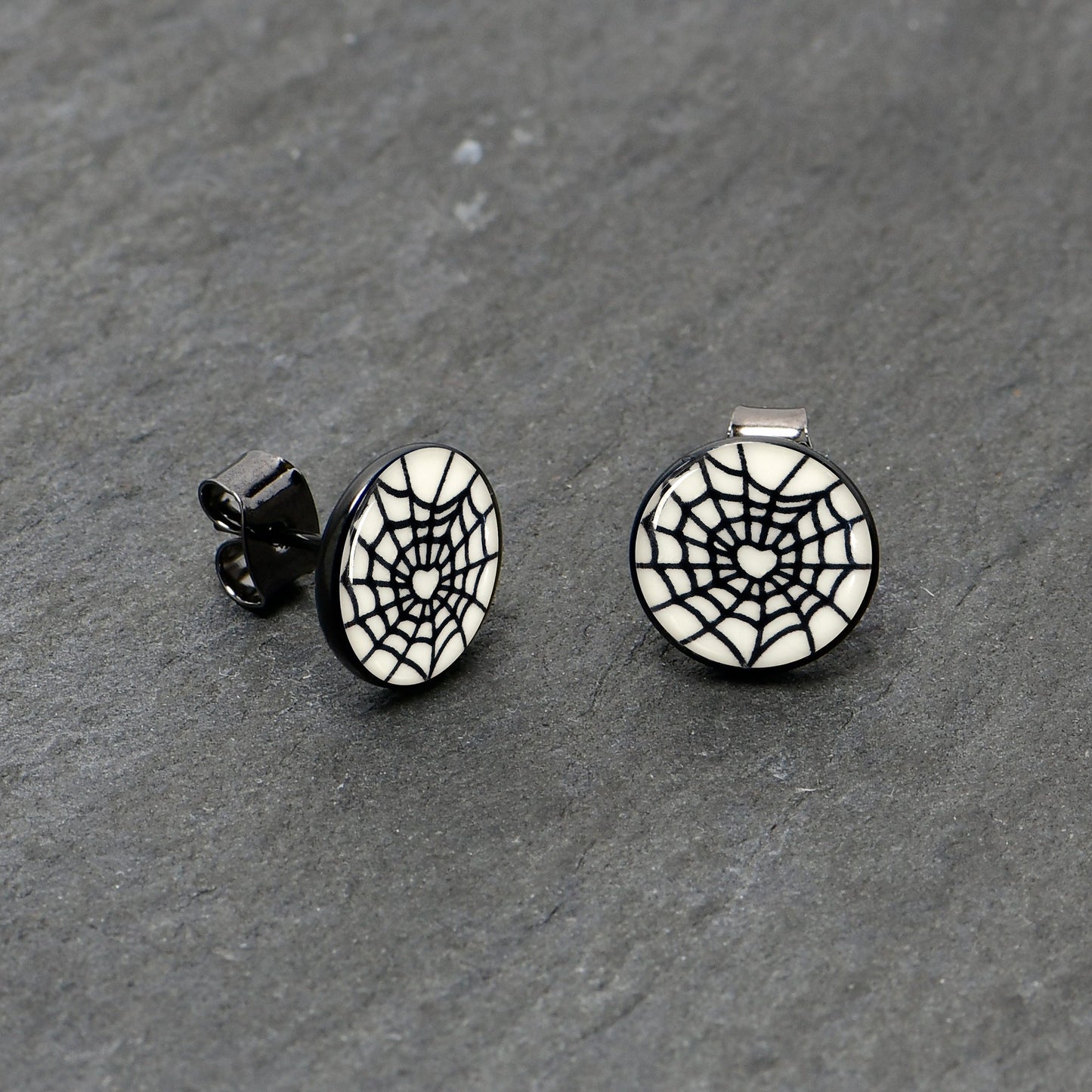 Black Anodized Steel Heart Spider Web Glow in the Dark Stud Earrings by Onyx O