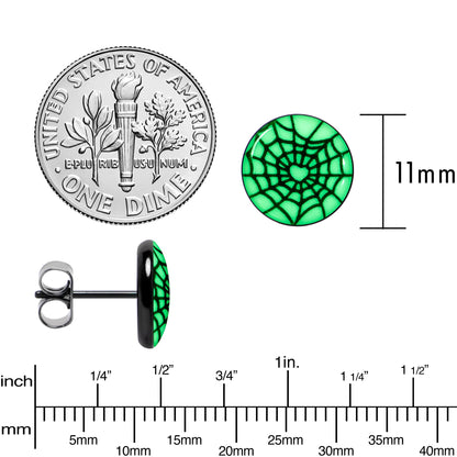 Black Anodized Steel Heart Spider Web Glow in the Dark Stud Earrings by Onyx O