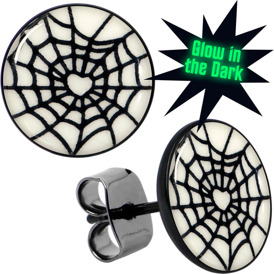 Black Anodized Steel Heart Spider Web Glow in the Dark Stud Earrings by Onyx O