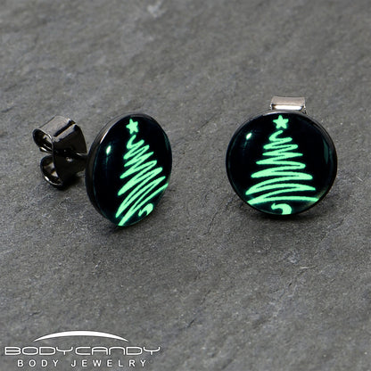 Black Anodized Glow in the Dark Holiday Christmas Tree Stud Earrings by Onyx O