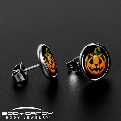 Orange Pumpkin Cat Jack-O-Lantern Stud Earrings by Onyx O