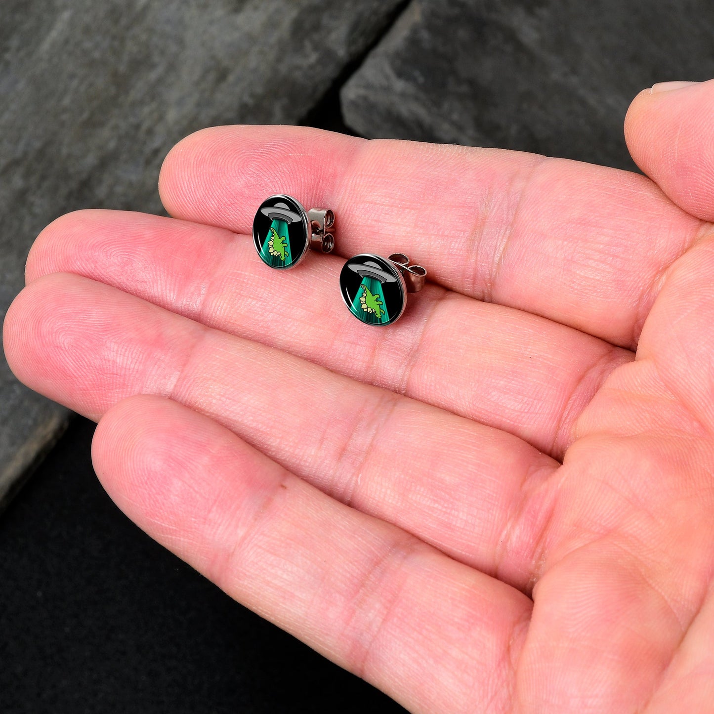 Alien UFO Dinosaur Abduction Stud Earrings Set by Onyx O