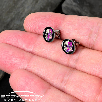 Floral Flowers Skull Stud Earrings by Onyx O