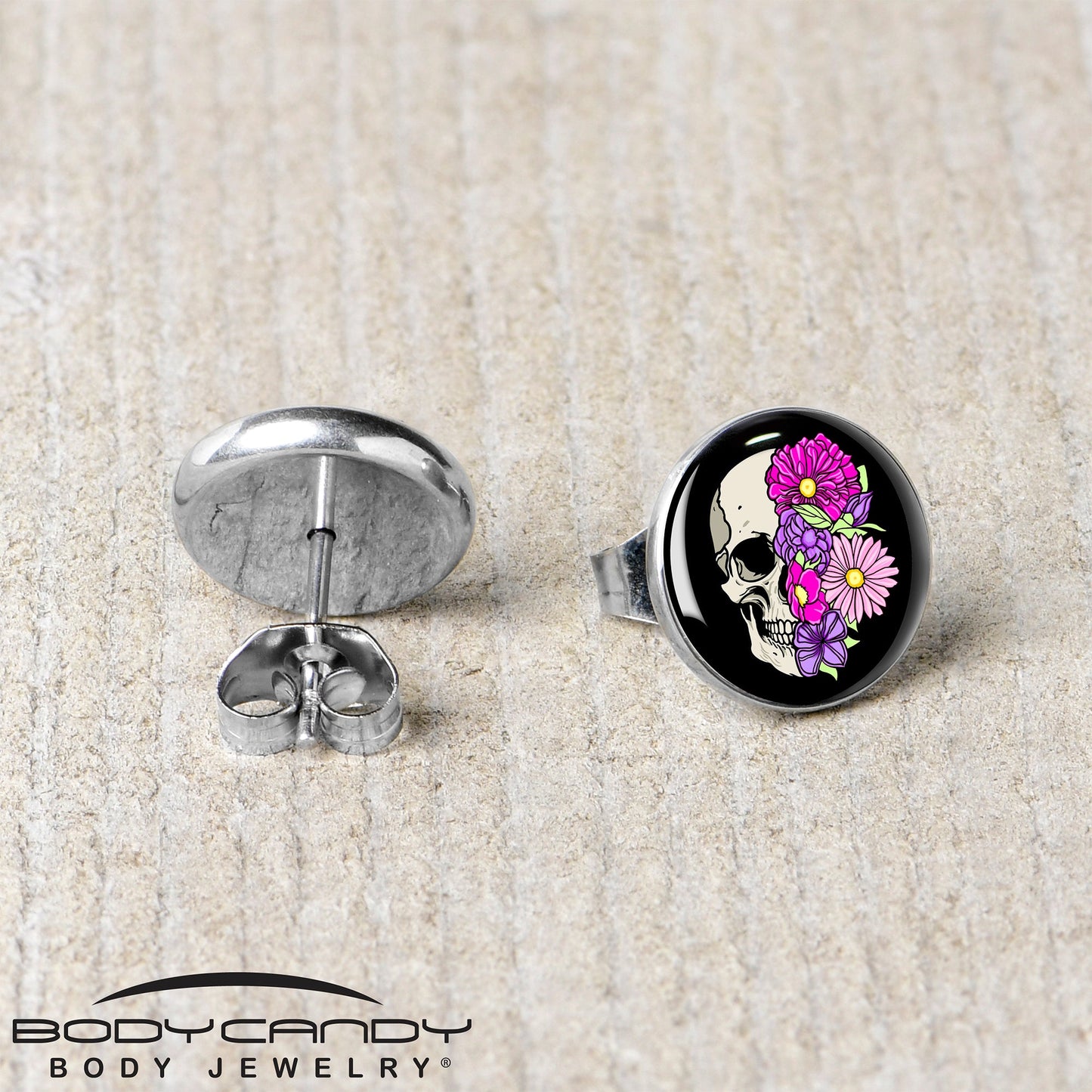Floral Flowers Skull Stud Earrings by Onyx O