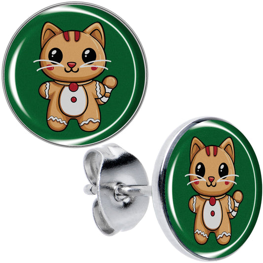 Christmas Holiday Gingerbrread Kitty Cat Stud Earrings by Onyx O