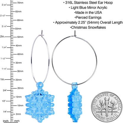 Ice Blue Winter Snowflake Hoop Earrings