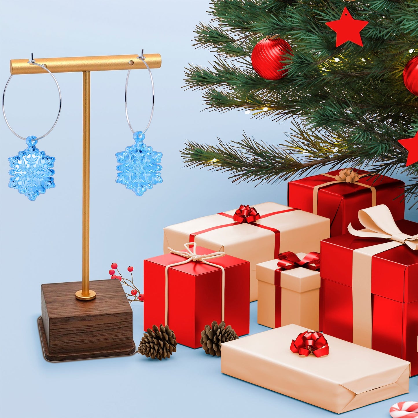 Ice Blue Winter Snowflake Hoop Earrings