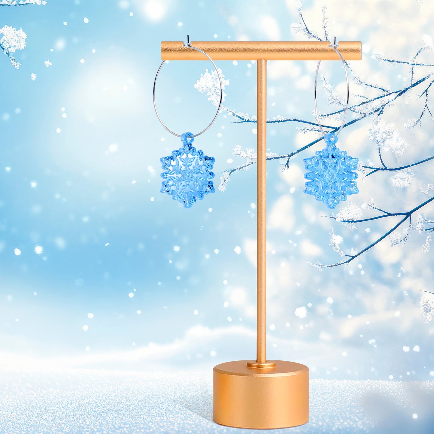 Ice Blue Winter Snowflake Hoop Earrings