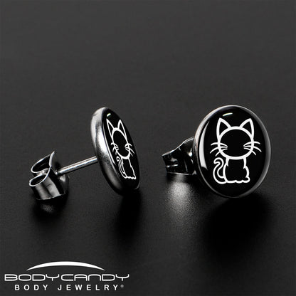 Black and White Kitty Cat Stud Earrings by Onyx O