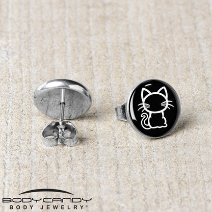 Black and White Kitty Cat Stud Earrings by Onyx O