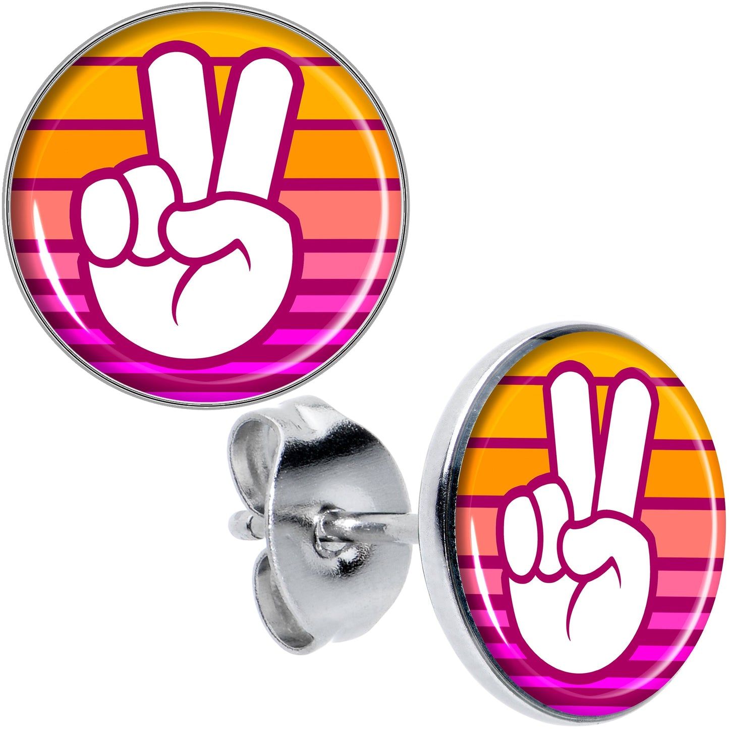 Retro Stripes Peace Sign Fingers Stud Earrings by Onyx O