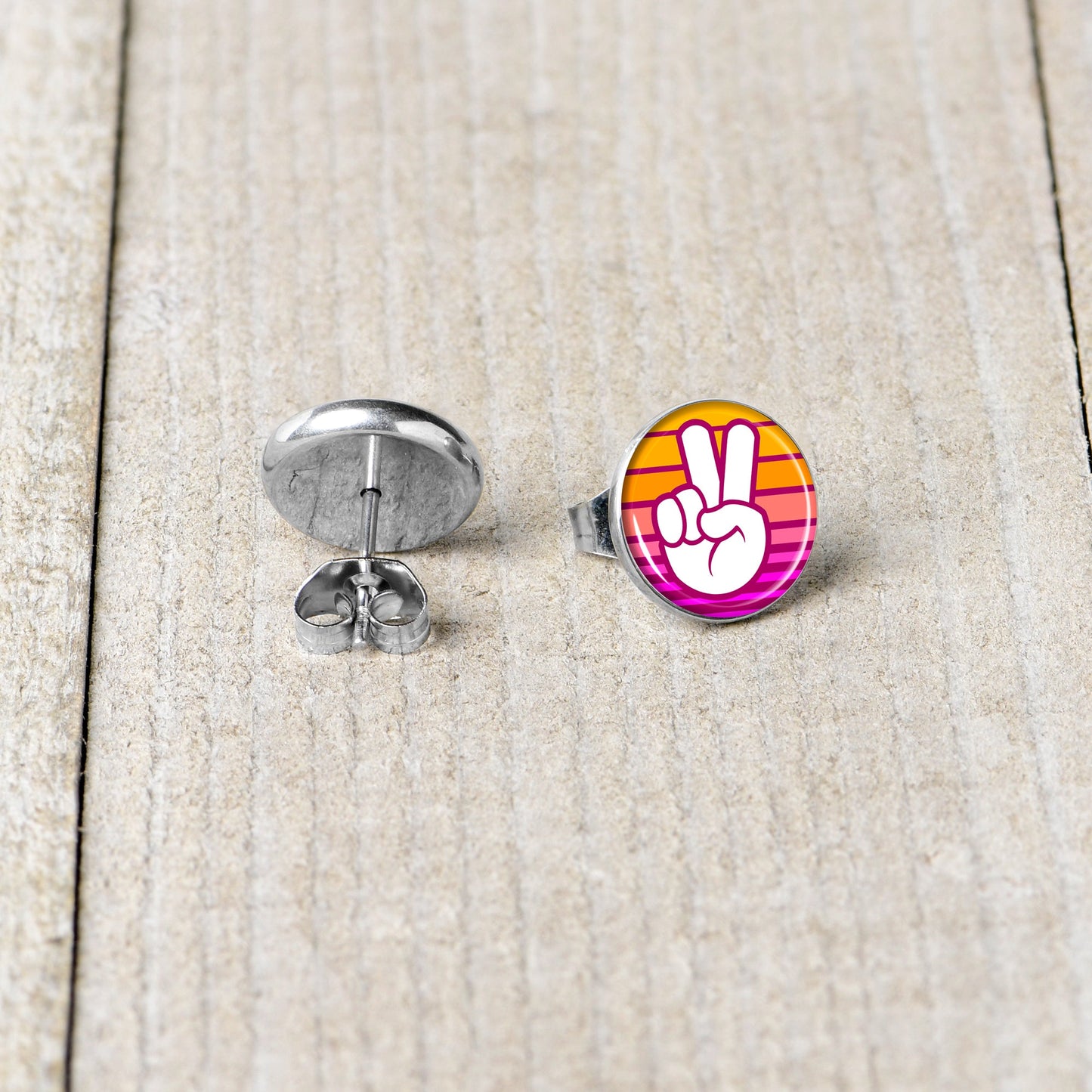Retro Stripes Peace Sign Fingers Stud Earrings by Onyx O