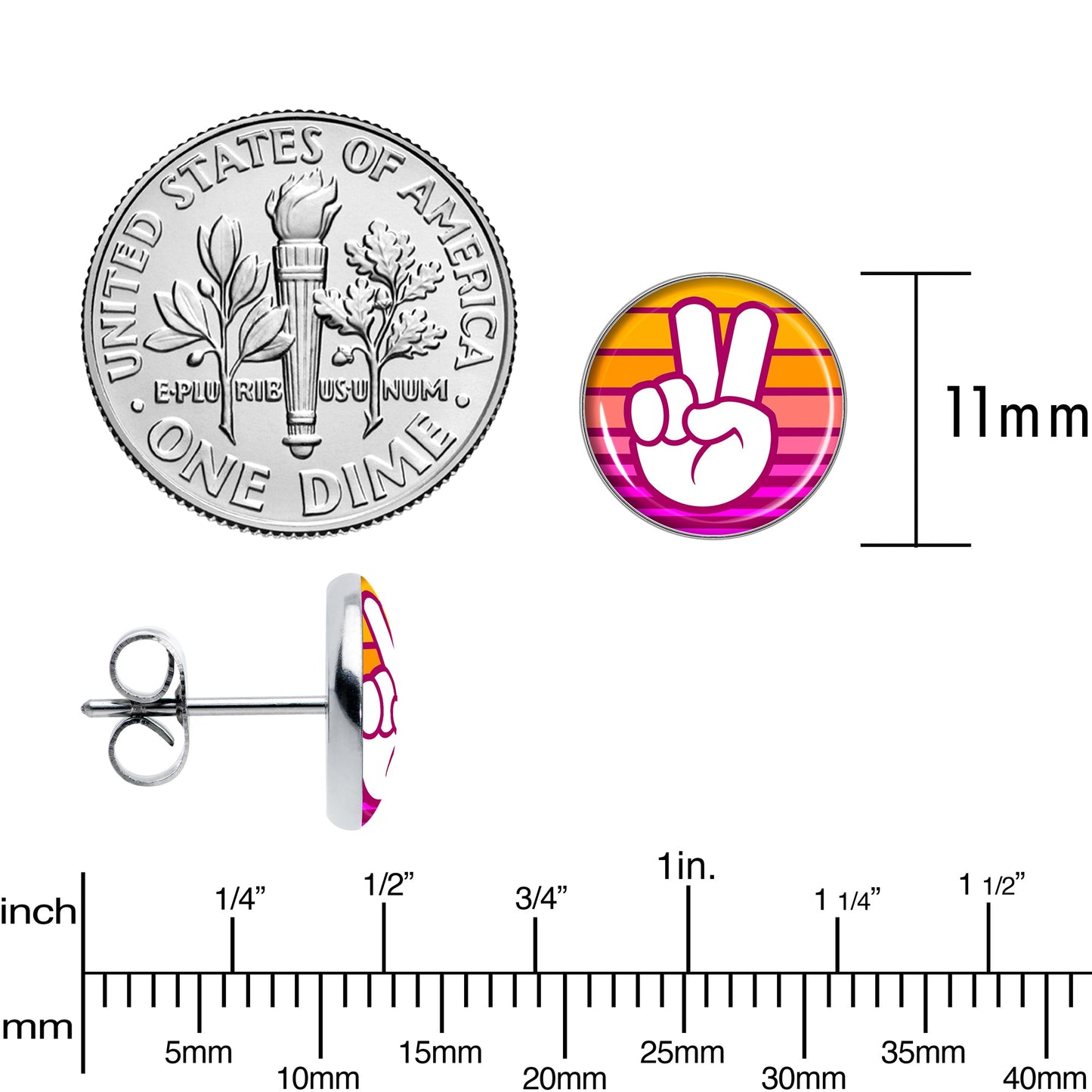 Retro Stripes Peace Sign Fingers Stud Earrings by Onyx O