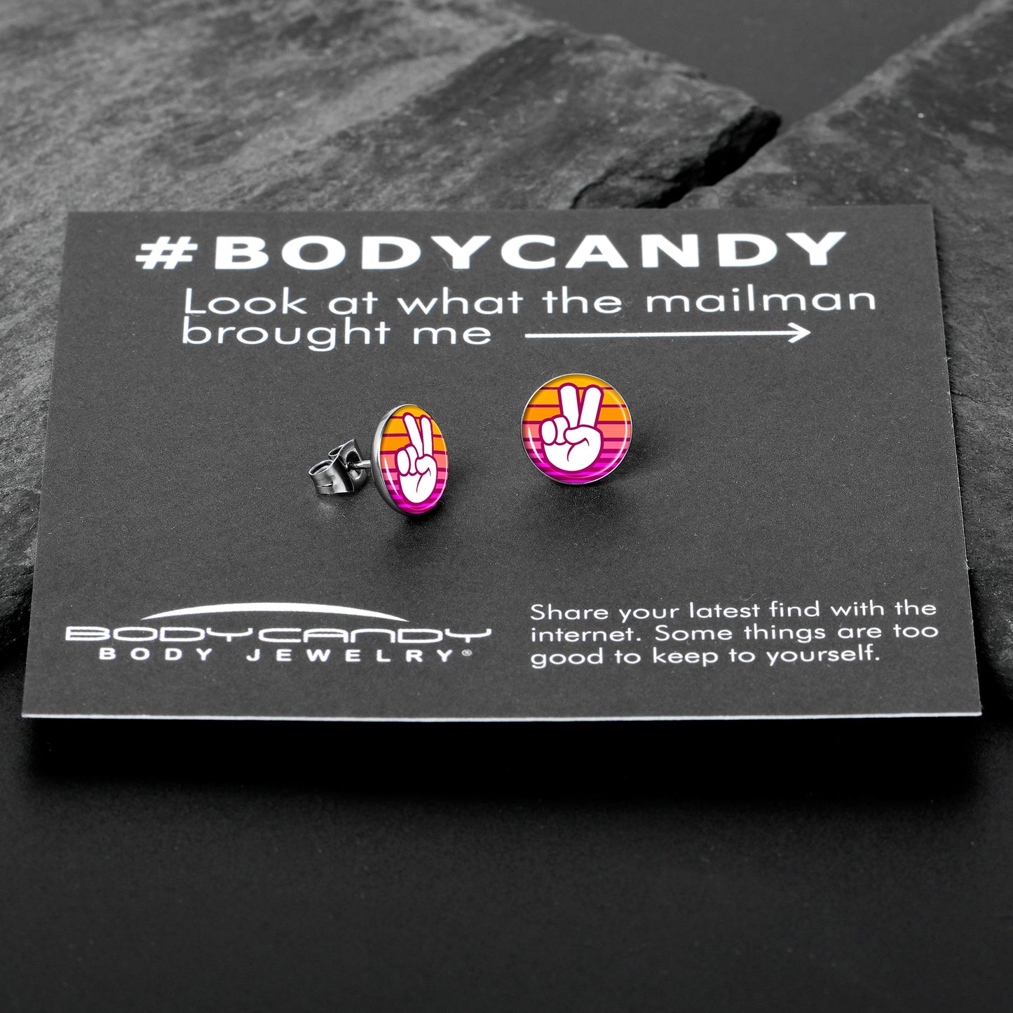 Retro Stripes Peace Sign Fingers Stud Earrings by Onyx O