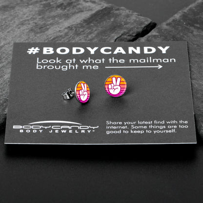 Retro Stripes Peace Sign Fingers Stud Earrings by Onyx O