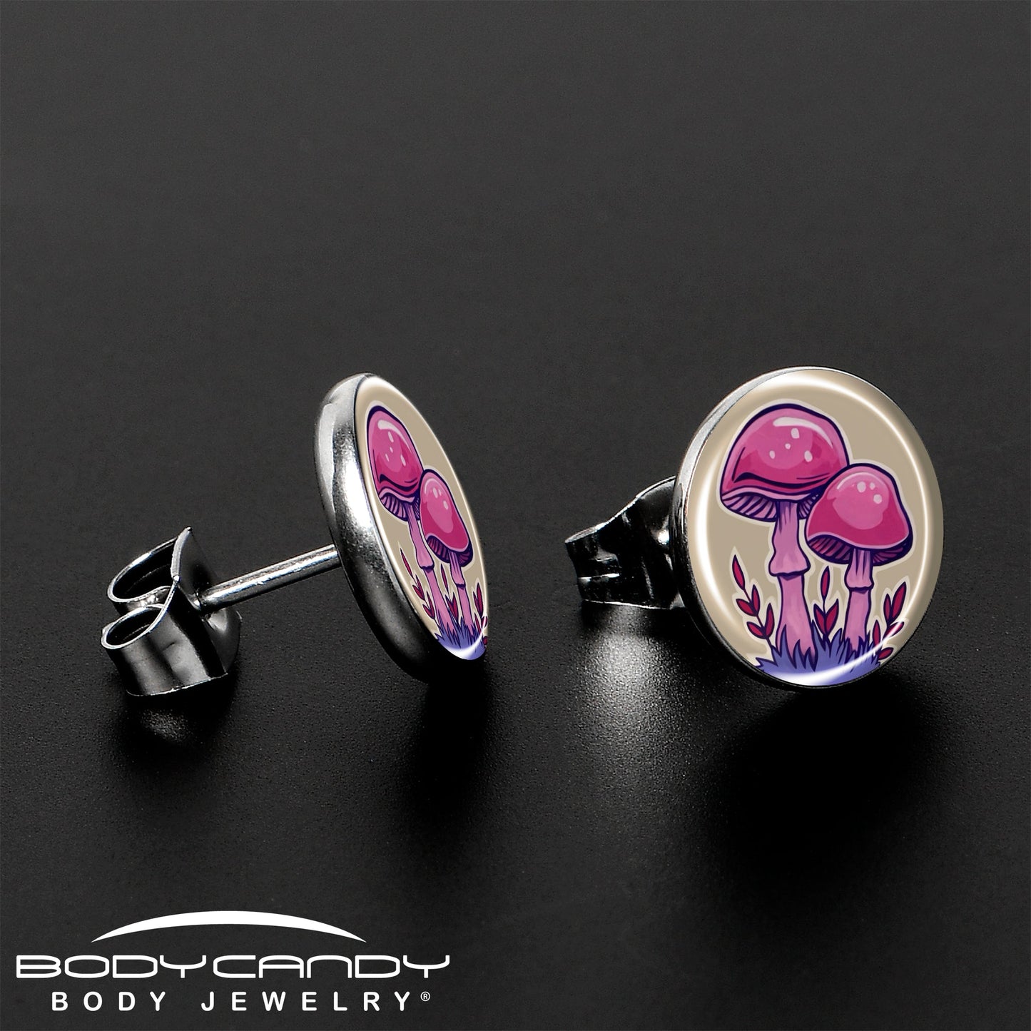 Artist Drawn Pink Mushrooms Stud Earrings by Onyx O