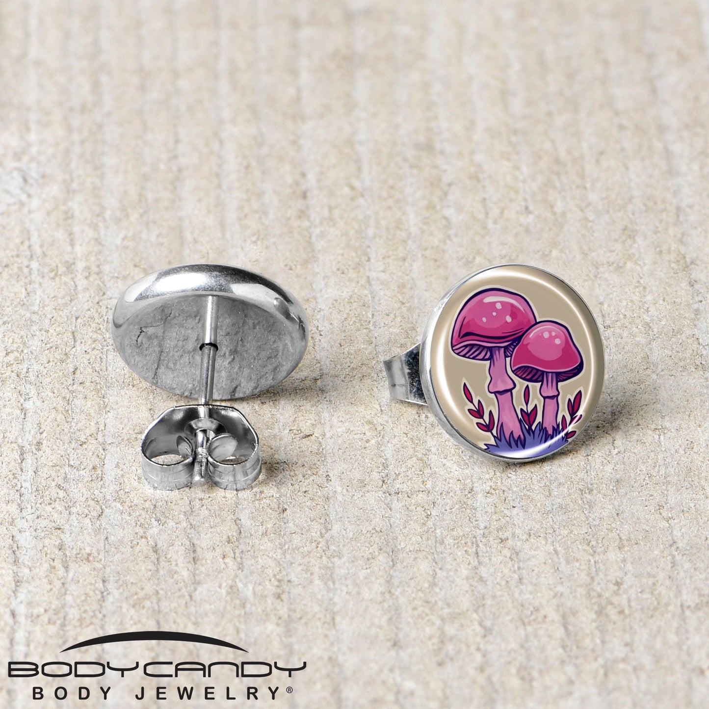 Artist Drawn Pink Mushrooms Stud Earrings by Onyx O