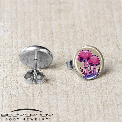 Artist Drawn Pink Mushrooms Stud Earrings by Onyx O