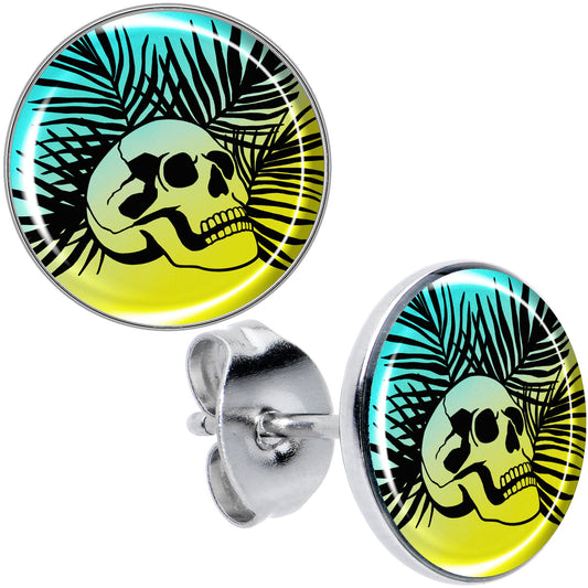 Blue Haze Sunset Skull and Palms Stud Earrings by Onyx O